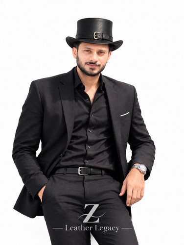 Black leather top hat western - black,