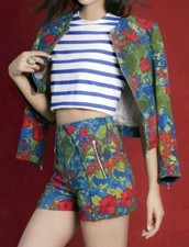 ZARA Poppies Floral Two-piece Co-ord Set Blue Red Green Jacket Blazer M Shorts S
