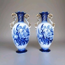 Pair of Antique Vases Early 1890s - Late 1910s Large White and Blue with Gold 