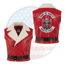 Men's Red Christmas Biker Shearling Fur Leather Vest Sons of Santa Holiday Gift
