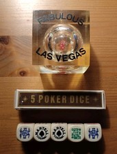 Vintage Fabulous Las Vegas Moving Dice Lucite Cube & 5 Martell Cognac Poker Dice