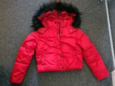 Girls New Look Coat Age 10-11 Years red, padded puffa jacket , faux fur hood