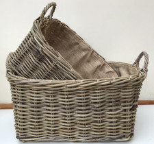 Rattan Log / Storage Baskets, Oval Top, Square Base, Removable Hessian Liner