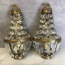 Vintage French Empire Style Gold Gilt Cut Crystal Glass Basket Wall Light x 2