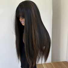 Soft Heat Resistant Hair Costume Wig With Bangs Long Straight Black Brown