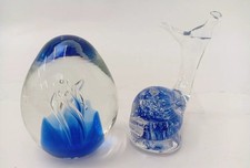 2 X Art Glass Paper Weights, Water Theme Paperweight Blue Snail Splash Swirl 