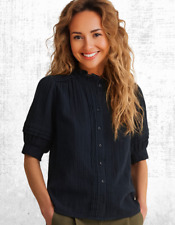Ex ME+EM Women’s Short Sleeve Shirred Cuff  Cheesecloth Blouse in Navy RRP £75