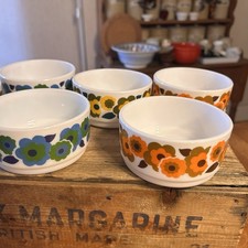 Vintage Set 6 Arcopal France White Glass Bowls – Colourful Flowers!