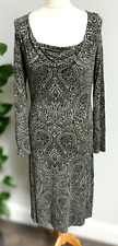 EAST UK 10 stretch jersey DRESS khaki grey paisley pattern scoop neck