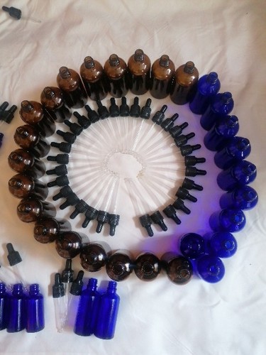 Blue brown glass bottles - blue, &