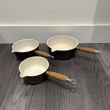 VINTAGE BROWN LE CREUSET CAST IRON SAUCEPAN SET X3 14 16 20CM