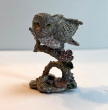 Mini Owl Statue Ornament - Metal Owl Perched on Branch - Sparkly Flowers