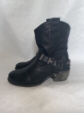 WOMEN'S BLACK LEATHER PULL ON COWBOY BLOCK ANKLE BOOTS SHOES UK 4 EUR 37 BT038