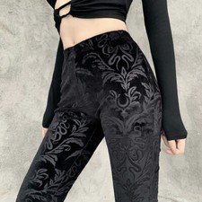Womens Velvet Party Flare Pants Gothic Retro High Waisted Slim Fit Trousers SIZE