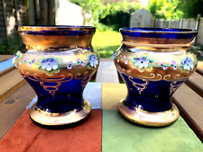 Pair of Vintage Murano Cobalt Blue Venetian Glass Gold Paint Italy Vases 11 cm H
