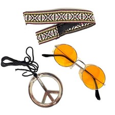 Orange Hippie Set Rounded Glasses 1970s Fancy Dress Costume Festival Accessories