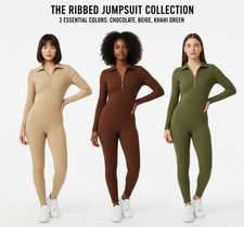 Ladies Ribbed Zip Jumpsuit Long Sleeve One Piece Slim Bodysuit Activewear Yoga