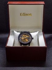 Gift for Men - BLACK EDISON AUTOMATIC CHRONOGRAPH WATCH, GOLD SKELETON DIAL