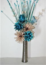 Artificial Silk Flower Arrangement Teal & Mink Flowers in Silver Vase 63cm.
