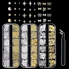 3D Nail Charms, VEGCOO 3 Boxes Gold Silver Stuff Gems Style C 