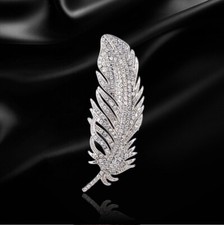 Crystals Silver Feather Brooch