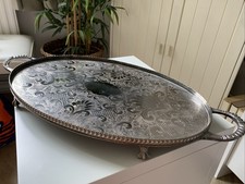 Vintage Ornate Claw Foot Silver Plated Oval Serving Tray with Handles 19 inches