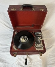 Antique Portable Wind-Up Gramophone Phonograph Edison Record Player Red Suitcase