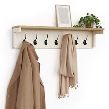 Coat Hooks Wall Mounted, Cream Coat Rack with Wood Effect Shelf, VonHaus