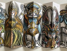 Vintage Lino Cut Print Folk Art Character Motifs Mid Century Folded