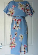 New Ladies Baby Blue Tie Up Stretchy Flower Print Midi Long Pencil Dress UK 6