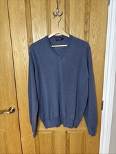 Hackett V Neck Merino Wool Jumper XL Extra Large Mid Blue Elbow Patches New Mens
