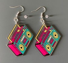 Retro 80s/90s Festival Ghetto Blaster Perspex Dangle Earrings New In Pouch