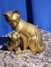 Rather Splendid Early MCM Cubist-Style Brass Figure of Mother Cat and Kitten 