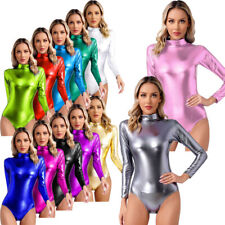UK Women's Shiny Metallic Long Sleeves Leotard Gymnastics Dance Bodysuit Catsuit