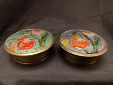 Pair x2 Brass & Enamel Trinket Dish & Lids Boxes Excellent Condition Floral 6cm