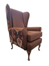 Wing Back Chair Stunning - Spice and Black Print Fabric- Wooden Queen Anne Legs