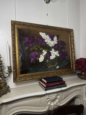 Large Imported Hungarian Oil Painting of Lilac in Ornate Gold Gilt Frame