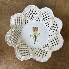 Vintage Berardos Portugal, Majolica Glazed & Hand Painted Lattice Basket Bowl