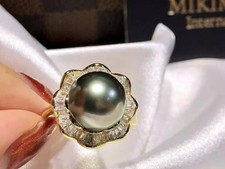 Charming AAA11-10MM natural Tahitian black gree pearl ring adjustable 925 silver