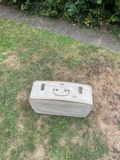 white vintage faux leather suitcase with pink interior - made in England