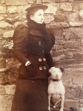 Original 1890s B&W Photo Young Woman & Jack Russell Dog Mutton Chop Sleeve Coat
