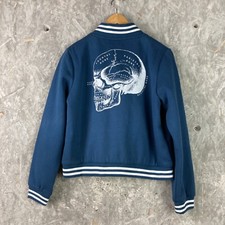 Juniors Hell Bunny Blue Size L Knit Varsity Jacket With Skull Snap Knit NEW