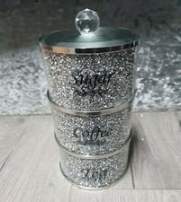 Crushed Diamond Crystal Tea Coffee Sugar  Stackable Jars Sparkly Bling Sets