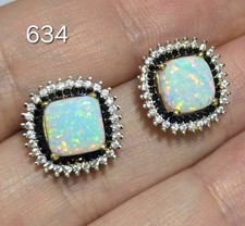 4.18g 9ct Yellow Gold Lab Opal Black White Stones Stud Earrings Studs Solid 375 