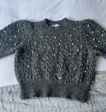 Zara Grey Jumper Cropped Jumper Puff Sleeve and Pearl Detail UK M