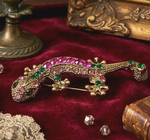 Vintage crystal gecko brooch - crystal,