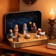Mini Christmas Nativity Set in a Tin Box, Portable Pocket Nativity Scene Decor3d