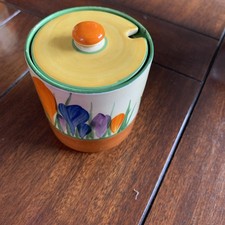 Small PRETTY ART DECO CLARICE CLIFF JAM POT AUTUMN CROCUS DESIGN