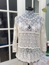 Zara Women's Cream Lace Embroidered Mesh Top 3/4 Sleeves  Size M