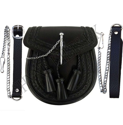 Black leather scottish kilt - black,